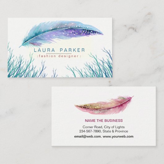 ティール（緑がかった色）のビーチの羽の水彩画のBohoのガーリーな上品 名刺 (正面/裏面)