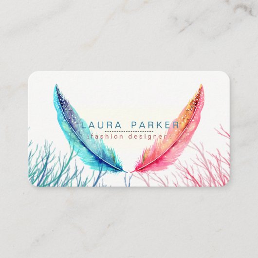 ティール（緑がかった色）のピンクの羽の水彩画のBohoのターコイズ 名刺 (正面)