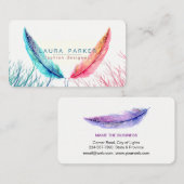 ティール（緑がかった色）のピンクの羽の水彩画のBohoのターコイズ 名刺 (正面/裏面)
