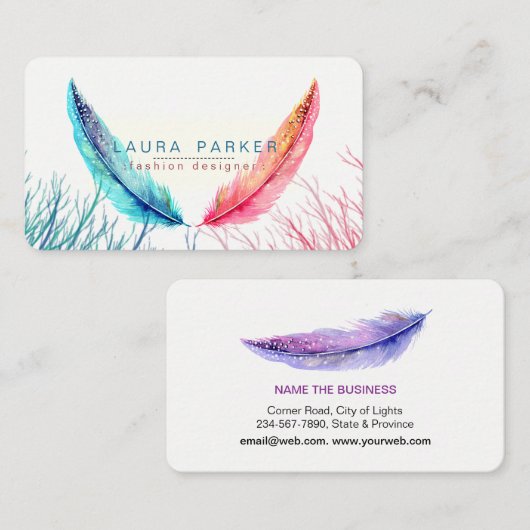 ティール（緑がかった色）のピンクの羽の水彩画のBohoのターコイズ 名刺 (正面/裏面)