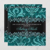 ティール(緑がかった色)のフェイクなグリッター及びビロードの花柄のSweet sixteen 招待状 (正面/裏面)