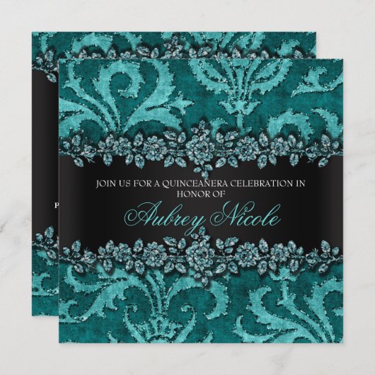 ティール（緑がかった色）のフェイクなグリッター及びビロードの花柄キンセアニェラ 招待状 (正面/裏面)