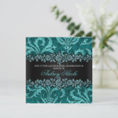 ティール(緑がかった色)のフェイクなグリッター及びビロードの花柄キンセアニェラ 招待状 (スタンド正面)