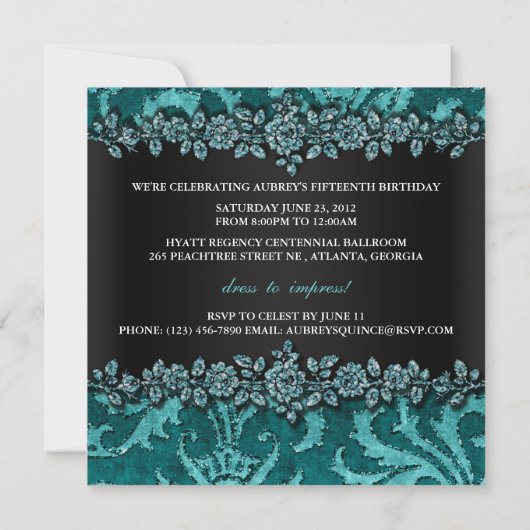 ティール(緑がかった色)のフェイクなグリッター及びビロードの花柄キンセアニェラ 招待状 (裏面)