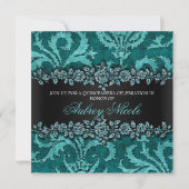 ティール(緑がかった色)のフェイクなグリッター及びビロードの花柄キンセアニェラ 招待状 (正面)