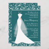 ティール（緑がかった色）のブライダルシャワーの招待の白い婚礼衣裳 招待状 (正面/裏面)