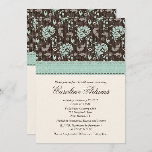 ティール(緑がかった色)のブラウンのブライダルシャワー招待状 招待状 (正面/裏面)