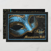 ティール(緑がかった色)のマスクの仮面舞踏会の菓子16のパーティの招待状 招待状 (正面/裏面)