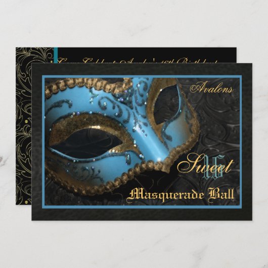 ティール(緑がかった色)のマスクの仮面舞踏会の菓子16のパーティの招待状 招待状 (正面/裏面)