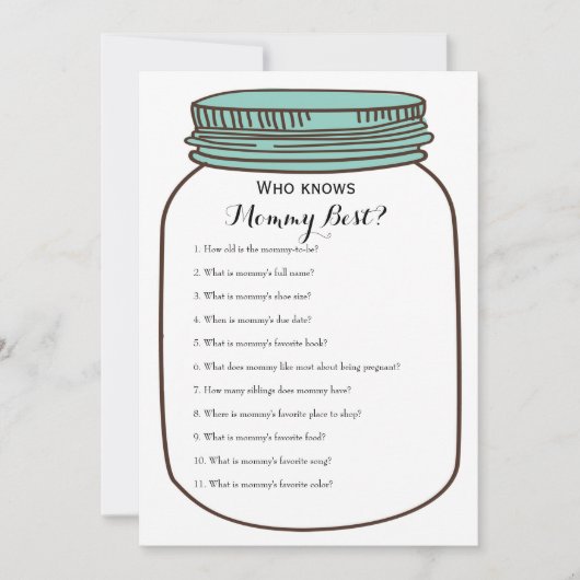 ティール(緑がかった色)のメーソンジャー2つのxのベビーシャワーのゲーム 招待状 (正面)