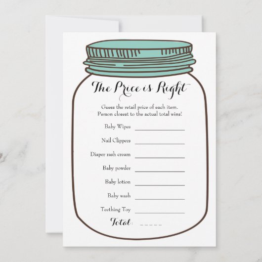 ティール(緑がかった色)のメーソンジャー2つのxのベビーシャワーのゲーム 招待状 (裏面)