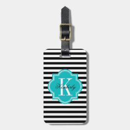 ティール(緑がかった色)のモノグラムが付いている白黒ストライプ ラゲッジタグ