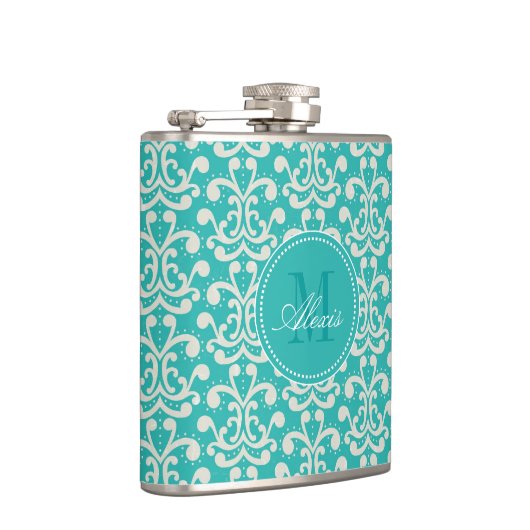 ティール(緑がかった色)のモノグラムのダマスク織のフラスコ フラスク (右)