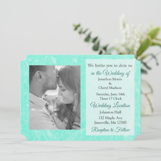 ティール(緑がかった色)のヤシの木の熱帯写真の結婚式の招待 招待状 (スタンド正面)