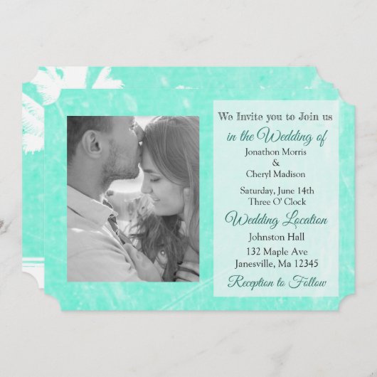 ティール(緑がかった色)のヤシの木の熱帯写真の結婚式の招待 招待状 (正面/裏面)