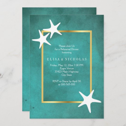 ティール（緑がかった色）のリハーサル結婚ディナーの白ヒトデ 招待状 (正面/裏面)