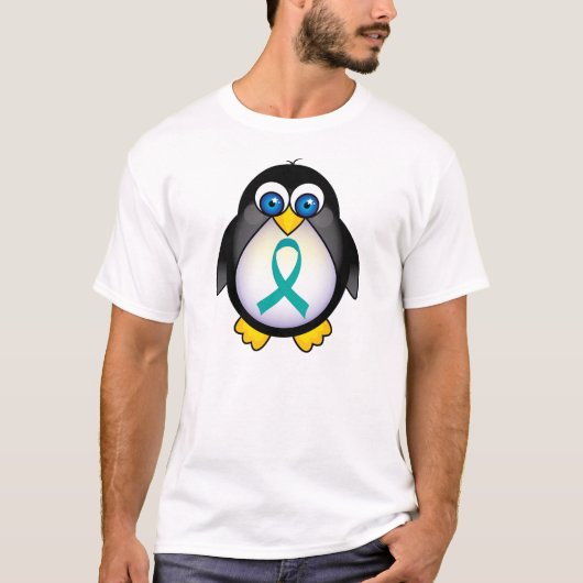 ティール(緑がかった色)のリボンのペンギンはティーをからかいます Tシャツ (正面)