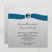 ティール(緑がかった色)のリボンの宝石の銀のポストの結婚式招待状 招待状 (正面/裏面)