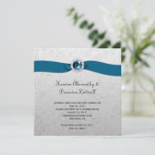 ティール(緑がかった色)のリボンの宝石の銀のポストの結婚式招待状 招待状 (スタンド正面)