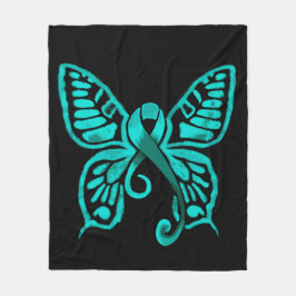ティール（緑がかった色）のリボンの蝶! フリースブランケット