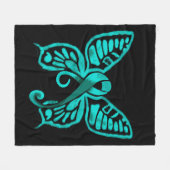 ティール（緑がかった色）のリボンの蝶! フリースブランケット (正面(横))