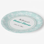 ティール（緑がかった色）のレースのパーソナライズなブライダルシャワー ペーパープレート (アングル)