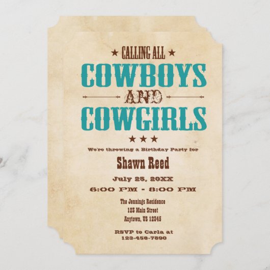 ティール（緑がかった色）のヴィンテージのカウボーイの誕生日の招待状 招待状 (正面/裏面)