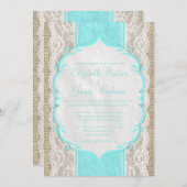 ティール(緑がかった色)のヴィンテージのリネンバーラップのレースの結婚式招待状 招待状 (正面/裏面)