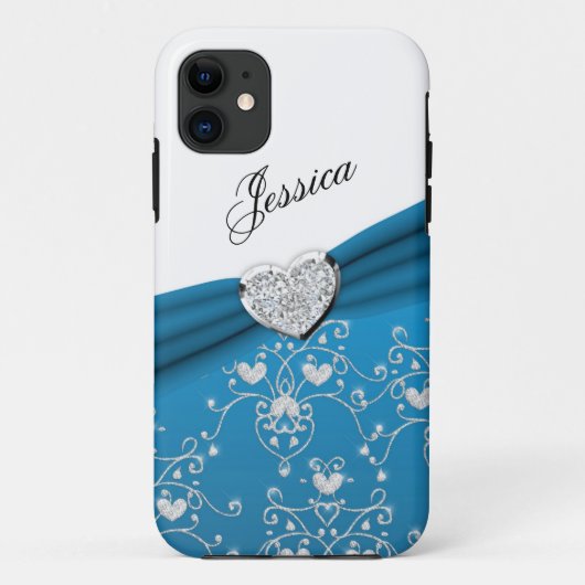 ティール(緑がかった色)の一流のハートのダマスク織のiPhone 5の場合 Case-Mate iPhoneケース (裏面)
