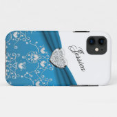 ティール(緑がかった色)の一流のハートのダマスク織のiPhone 5の場合 Case-Mate iPhoneケース (裏面(横))