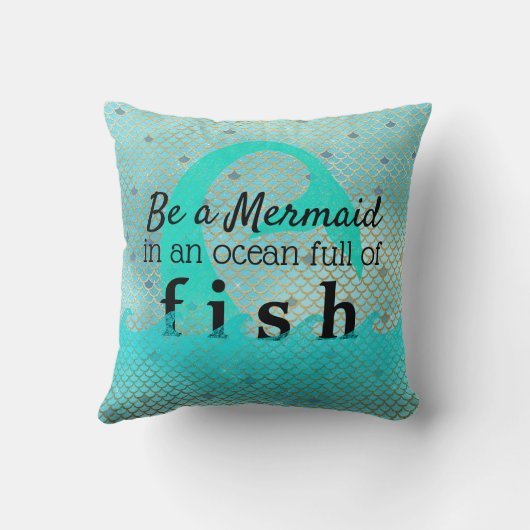 ティール（緑がかった色）の人魚の感動的な引用文の金ゴールドのビーチハウス クッション (裏面)