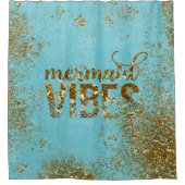 ティール(緑がかった色)の人魚の感情の金ゴールドのグリッターのタイポグラフィ シャワーカーテン (正面)