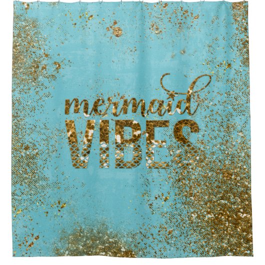 ティール（緑がかった色）の人魚の感情の金ゴールドのグリッターのタイポグラフィ シャワーカーテン (正面)