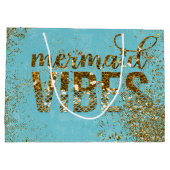 ティール（緑がかった色）の人魚の感情の金ゴールドのグリッターのタイポグラフィ ラージペーパーバッグ (裏面)