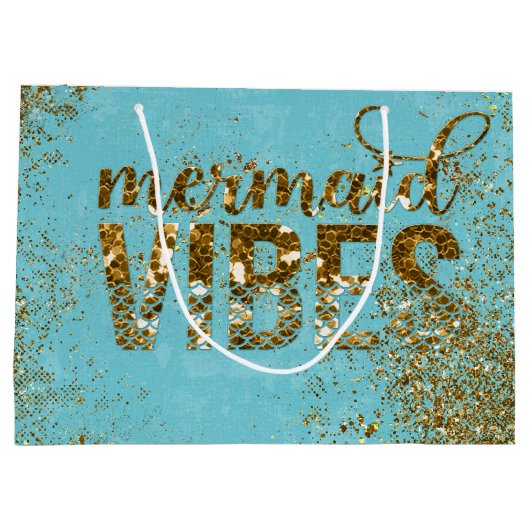 ティール（緑がかった色）の人魚の感情の金ゴールドのグリッターのタイポグラフィ ラージペーパーバッグ (裏面)