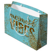 ティール（緑がかった色）の人魚の感情の金ゴールドのグリッターのタイポグラフィ ラージペーパーバッグ (裏面アングル)