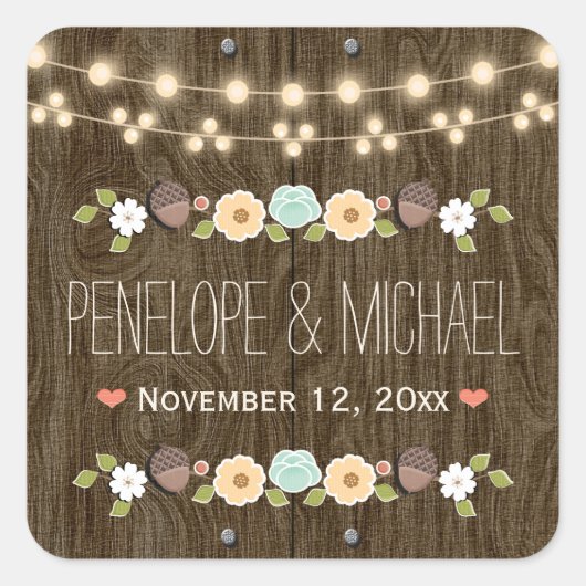 ティール（緑がかった色）の光の列素朴秋アコーン結婚ズ スクエアシール (正面)