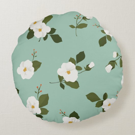 ティール(緑がかった色)の円形の花のアクセントの枕 ラウンドクッション (裏面)