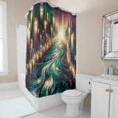 「ティール(緑がかった色)の反射鮮やか:夜の街並み」 シャワーカーテン (インサイチュ)