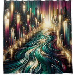 「ティール（緑がかった色）の反射鮮やか：夜の街並み」 シャワーカーテン