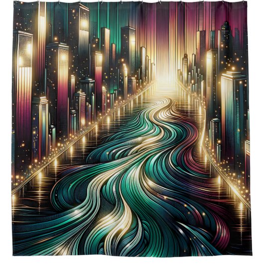 「ティール(緑がかった色)の反射鮮やか:夜の街並み」 シャワーカーテン (正面)