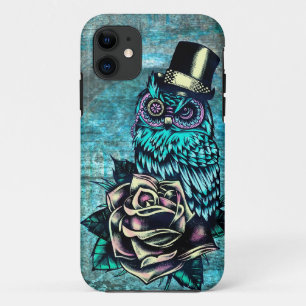 ティール(緑がかった色)の基盤のカラフルな織り目加工のフクロウのイラストレーション iPhone 11 ケース