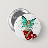 ティール（緑がかった色）の妖精及びきのこ3D 缶バッジ (正面&裏面)