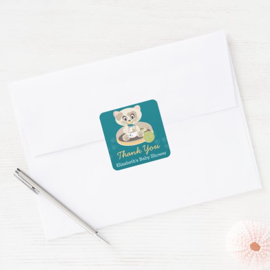 ティール（緑がかった色）の子猫おむつ猫の赤ちゃんシャワー スクエアシール (封筒)