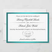 ティール(緑がかった色)の孔雀の結婚式の保存日付の写真カード セーブザデート (裏面)