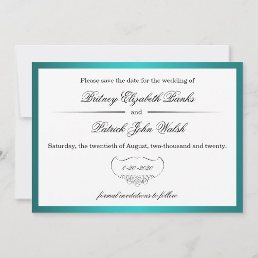 ティール(緑がかった色)の孔雀の結婚式の保存日付の写真カード セーブザデート (裏面)