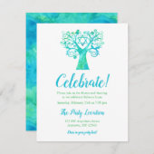 ティール(緑がかった色)の披露宴緑の水彩画の生命の樹 招待状 (正面/裏面)