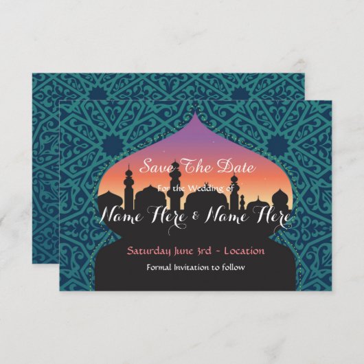 ティール（緑がかった色）の招待を結婚する日付のアラビアンナイトを救って下さい セーブザデート (正面/裏面)