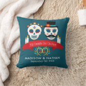 ティール（緑がかった色）の日の死んだ砂糖スカル名結婚 クッション (ブランケット)