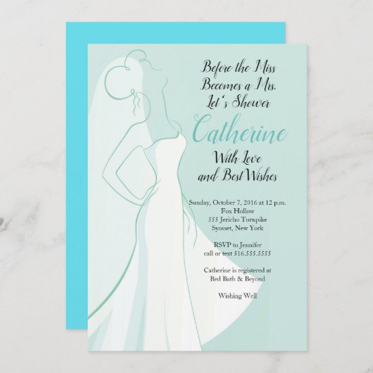 ティール(緑がかった色)の服のブライダルシャワーの招待状 招待状 (正面/裏面)